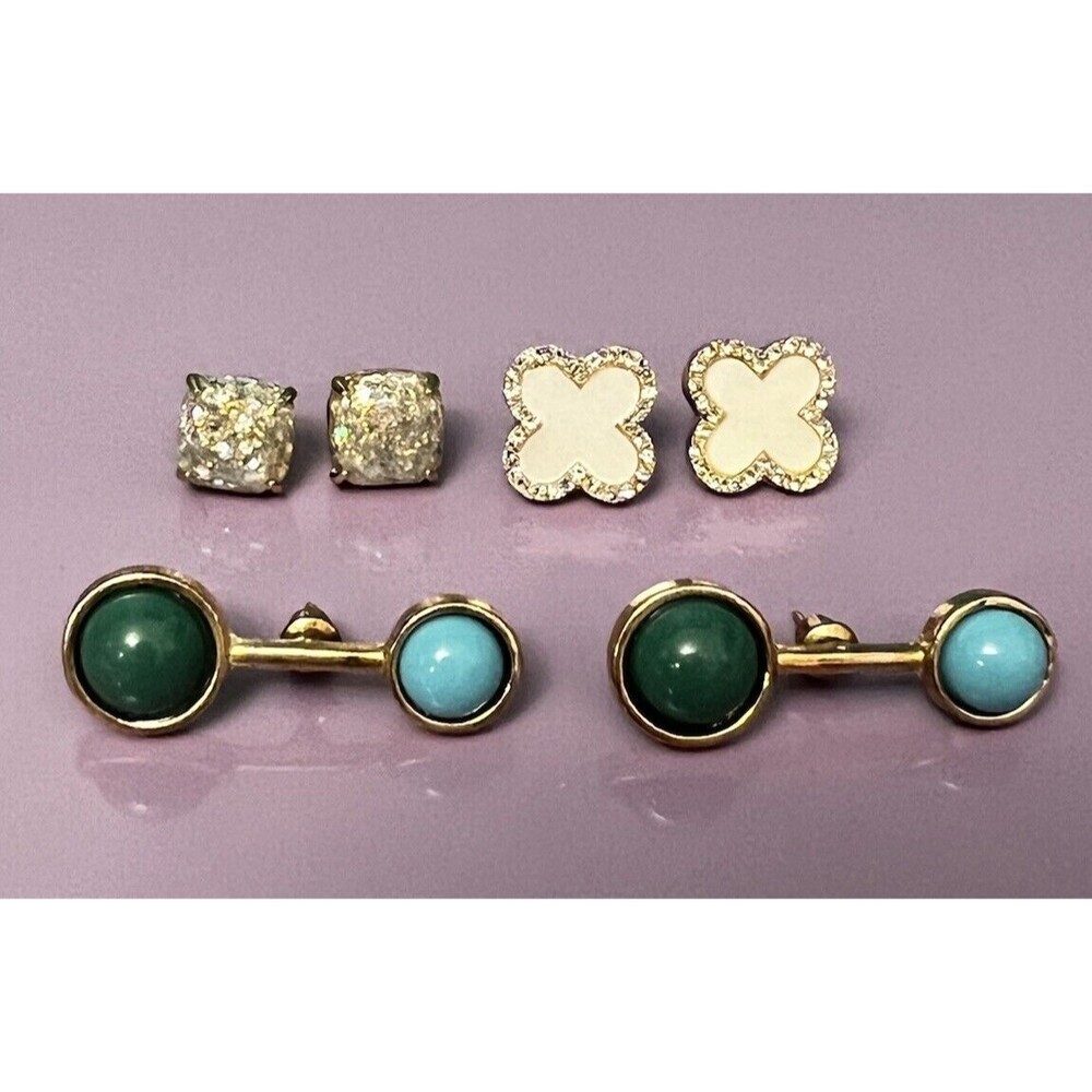 Lot 3 Pairs Earrings Gold Tone Clover Quatrefoil Green Faux Turquoise Studs Drop